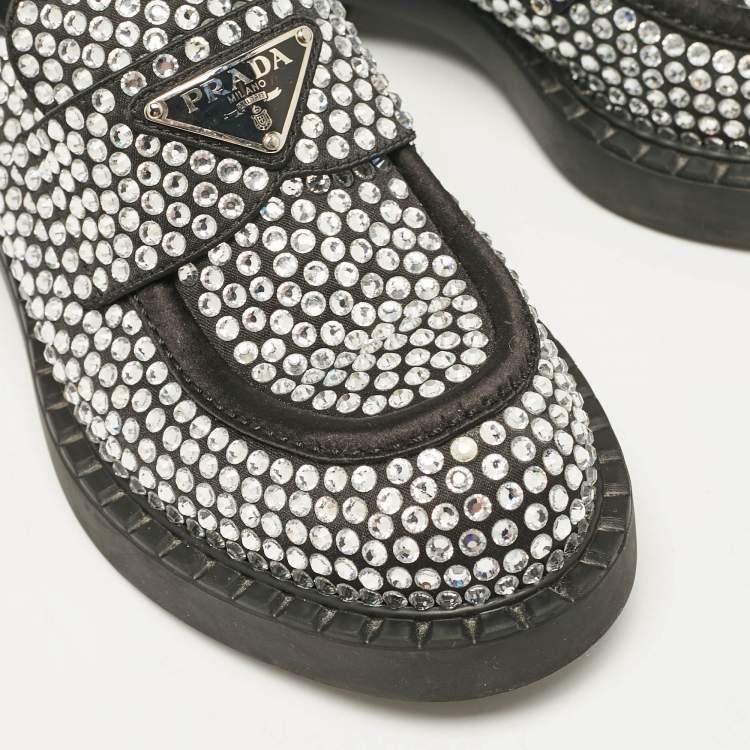 Pre Owned Prada Black Satin Crystals Slip On Loafers Size 36