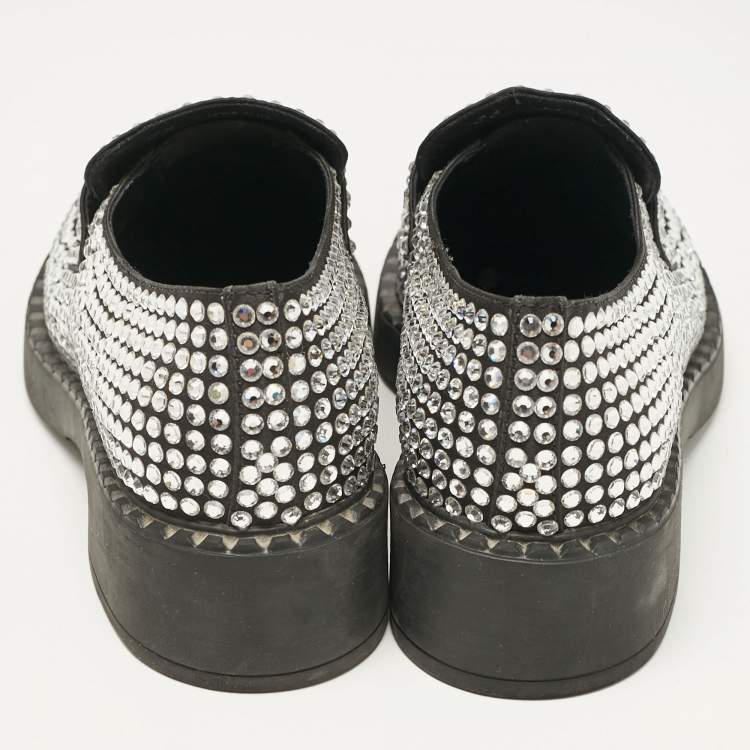 Pre Owned Prada Black Satin Crystals Slip On Loafers Size 36