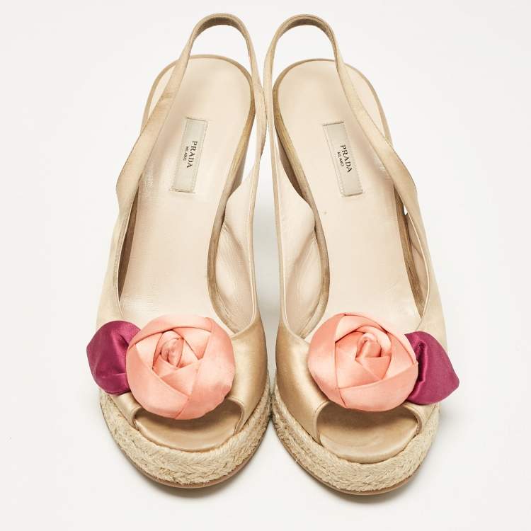 Pre Owned Prada Gold Beige Satin Embellished Slingback Wedge Sandals  Size 37
