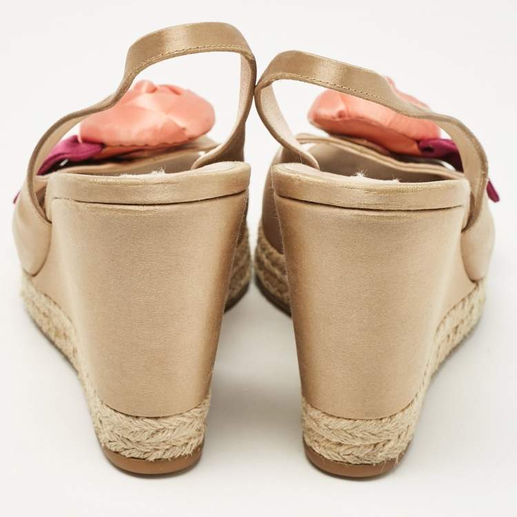 Pre Owned Prada Gold Beige Satin Embellished Slingback Wedge Sandals  Size 37