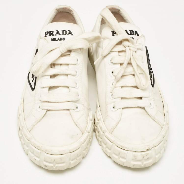Pre Owned Prada White Canvas Cassetta Lace Up Sneakers Size 38