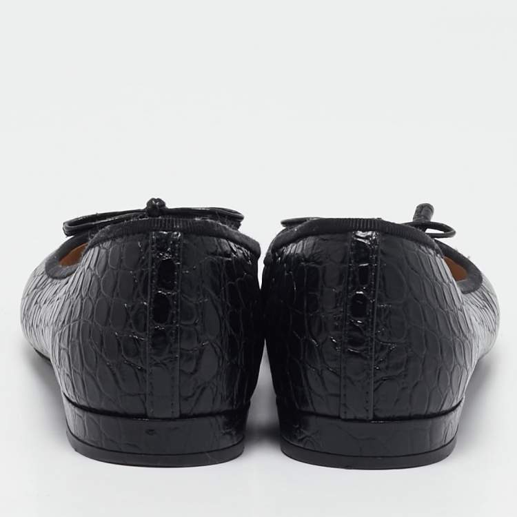مملوكة مسبقًا Prada Black Croc Embossed Leather Bow Ballet Flats Size 36.5