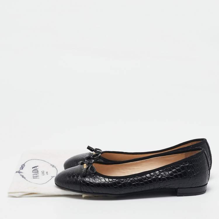 مملوكة مسبقًا Prada Black Croc Embossed Leather Bow Ballet Flats Size 36.5
