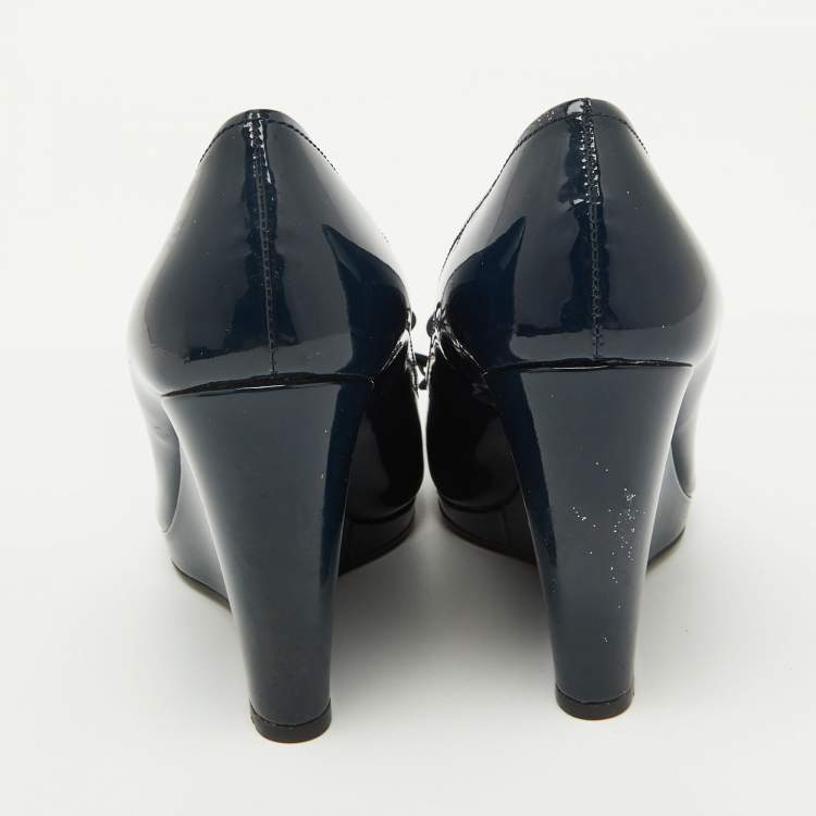 Pre Owned Prada Navy Blue Patent leather Peep Toe Bow Wedge Pumps Size 37.5