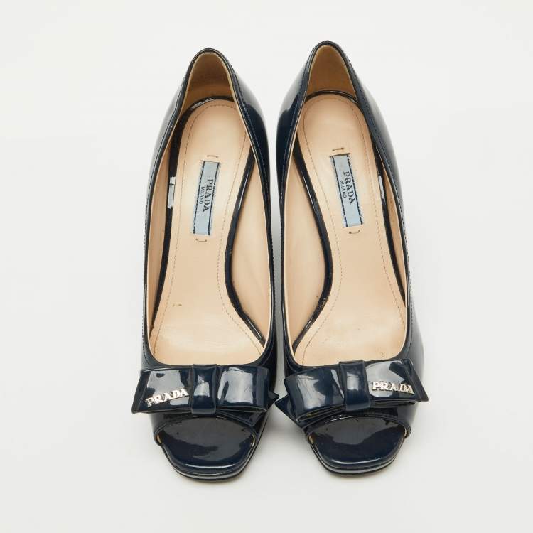 Pre Owned Prada Navy Blue Patent leather Peep Toe Bow Wedge Pumps Size 37.5