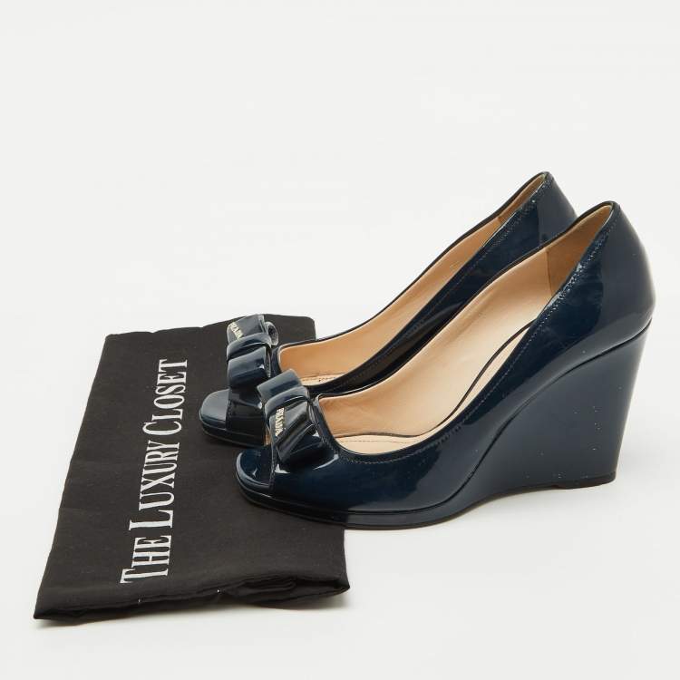 Pre Owned Prada Navy Blue Patent leather Peep Toe Bow Wedge Pumps Size 37.5
