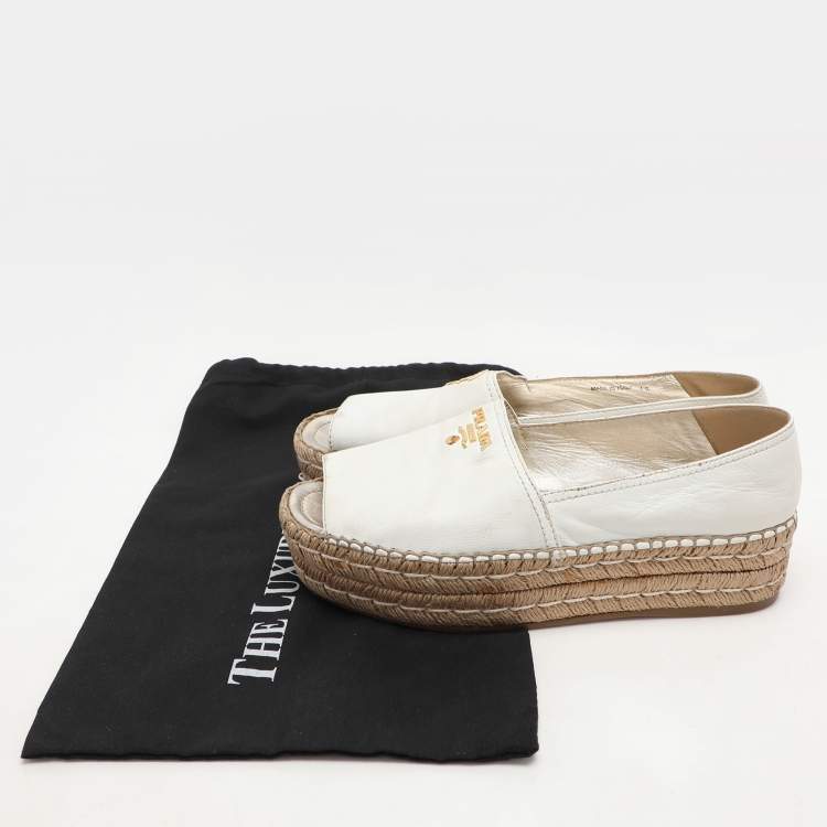 Pre Owned Prada White Leather Open Toe Platform Espadrille Flats Size 40