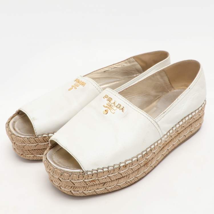 Pre Owned Prada White Leather Open Toe Platform Espadrille Flats Size 40