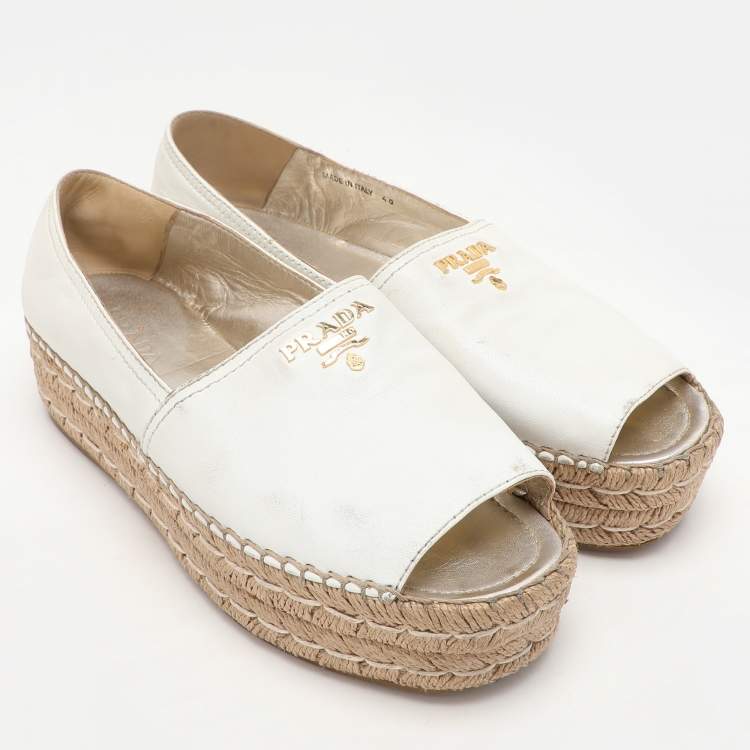 Pre Owned Prada White Leather Open Toe Platform Espadrille Flats Size 40