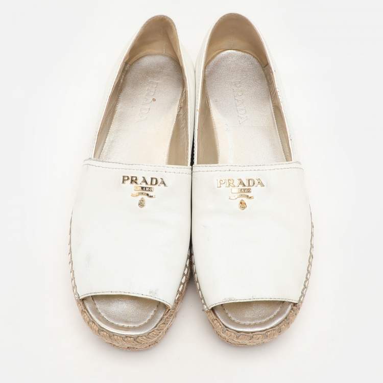 Pre Owned Prada White Leather Open Toe Platform Espadrille Flats Size 40