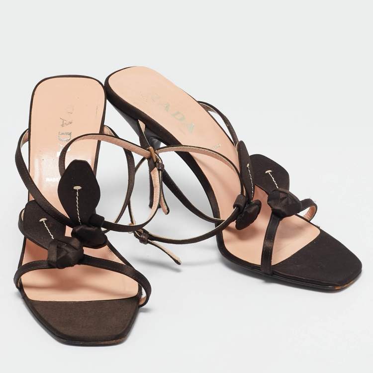 Pre Owned Prada Brown Satin Ankle Strap Sandals Size 39