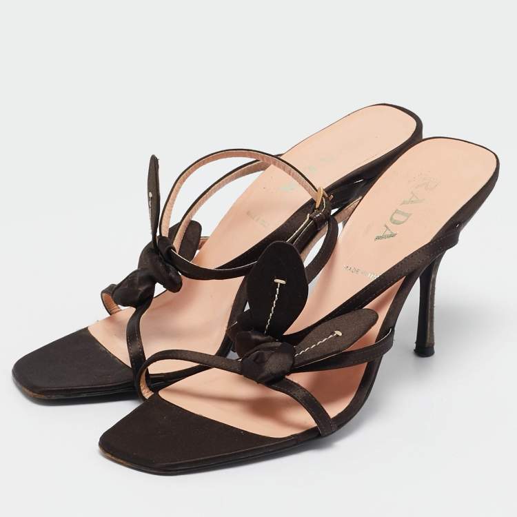 Pre Owned Prada Brown Satin Ankle Strap Sandals Size 39