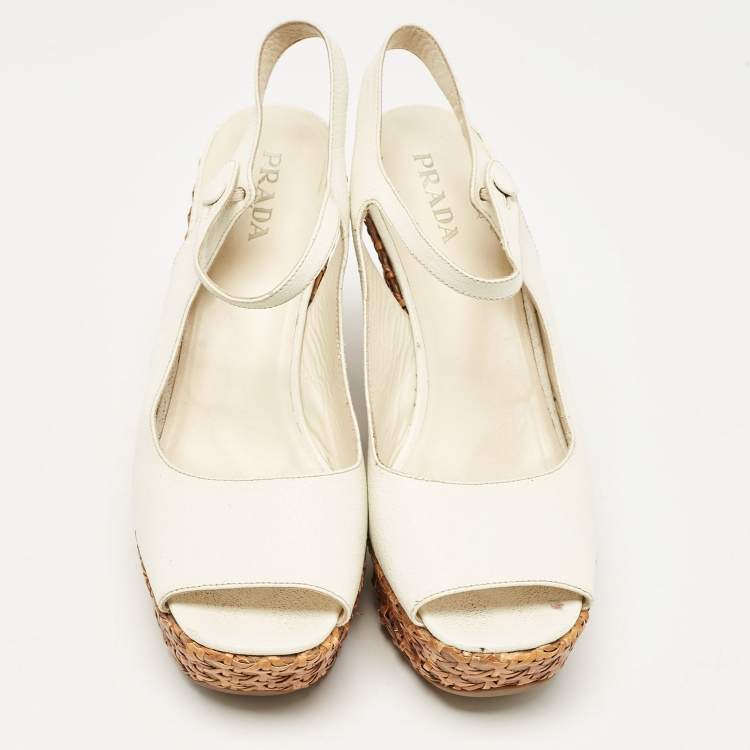Pre Owned Prada White Leather Platform Wedge Ankle Strap Sandals Size 40