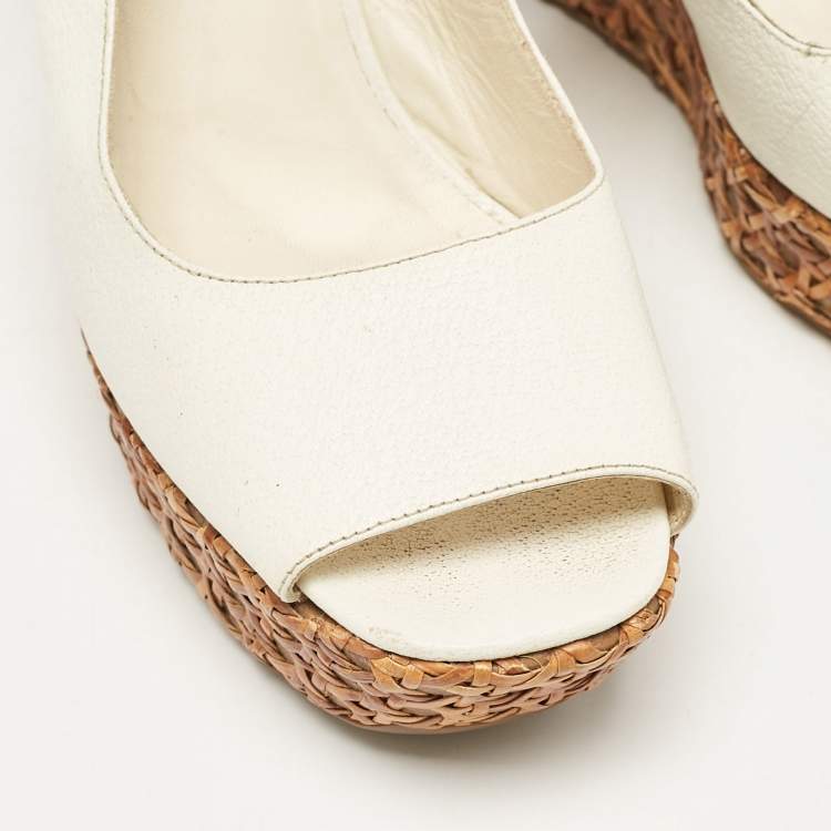 Pre Owned Prada White Leather Platform Wedge Ankle Strap Sandals Size 40