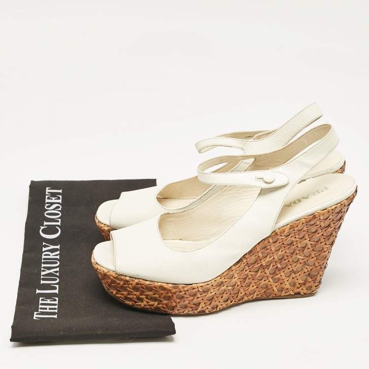 Pre Owned Prada White Leather Platform Wedge Ankle Strap Sandals Size 40