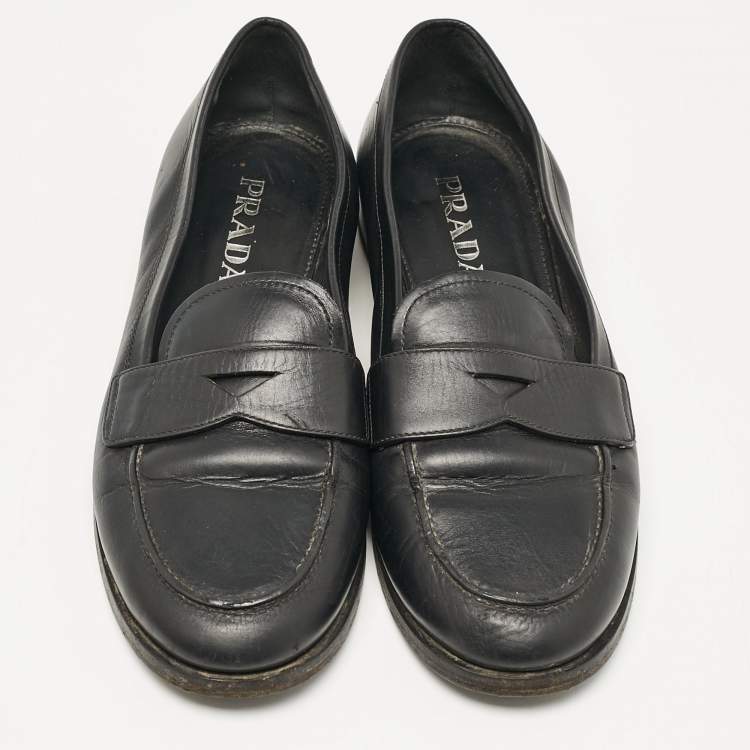 Pre Owned Prada Black Leather Slip On Loafers Size 38.5