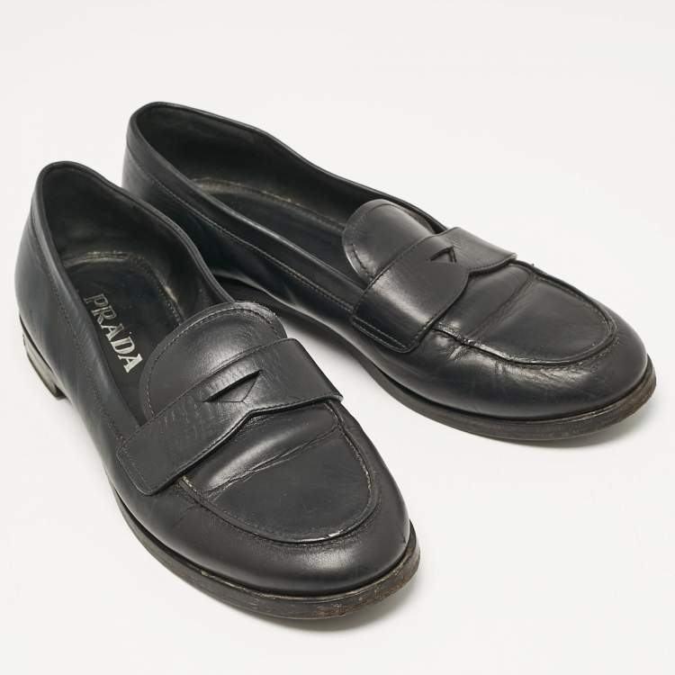 Pre Owned Prada Black Leather Slip On Loafers Size 38.5
