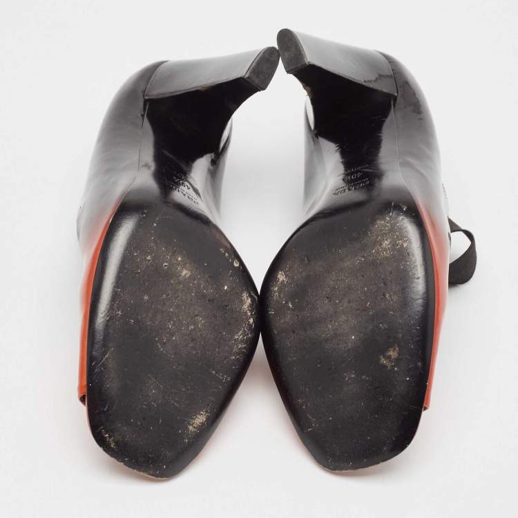 Pre Owned Prada Black/Orange Patent Leather Peep Toe Pumps Size 40.5