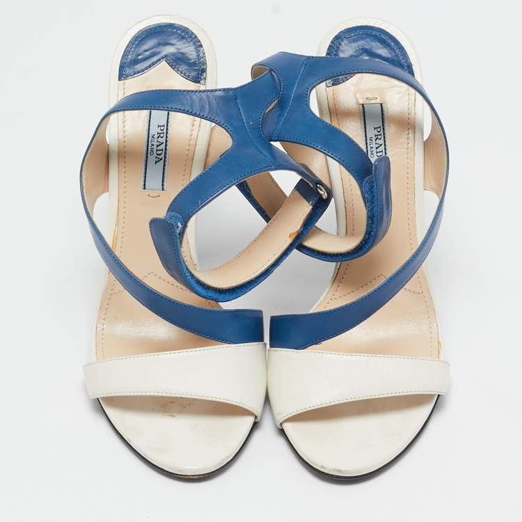Pre Owned Prada Blue/White Leather Ankle Strap Sandals Size 39.5