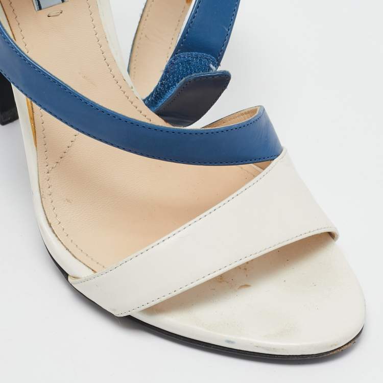 Pre Owned Prada Blue/White Leather Ankle Strap Sandals Size 39.5