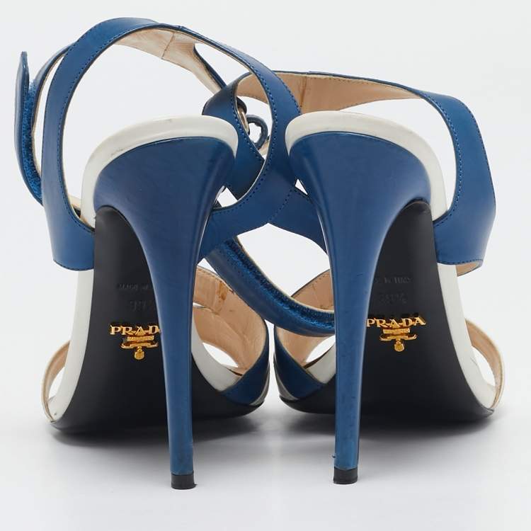 Pre Owned Prada Blue/White Leather Ankle Strap Sandals Size 39.5
