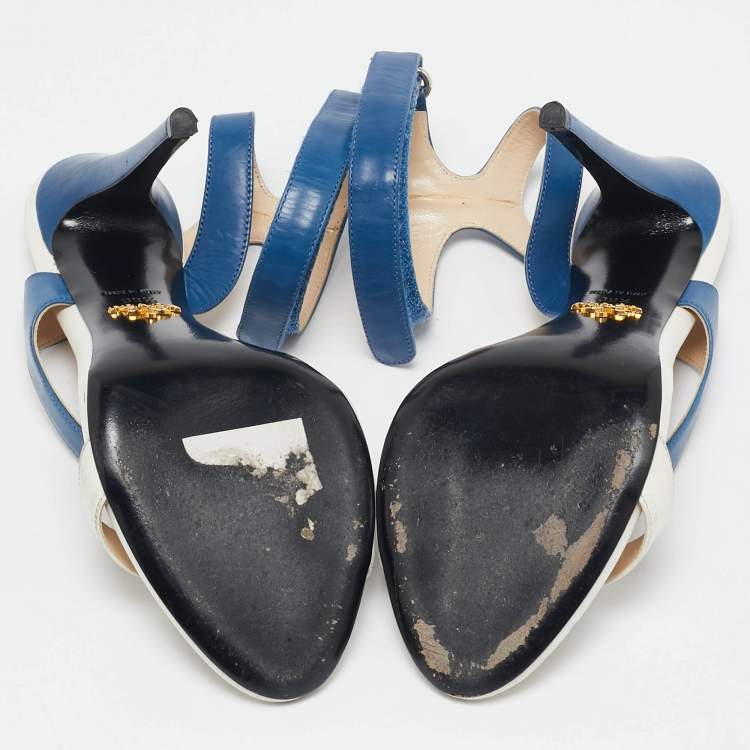 Pre Owned Prada Blue/White Leather Ankle Strap Sandals Size 39.5