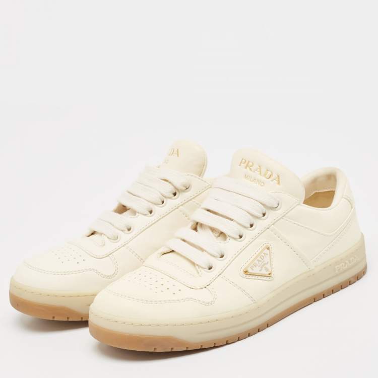 Pre Owned Prada Cream Leather Lace Up Sneakers Size 36.5