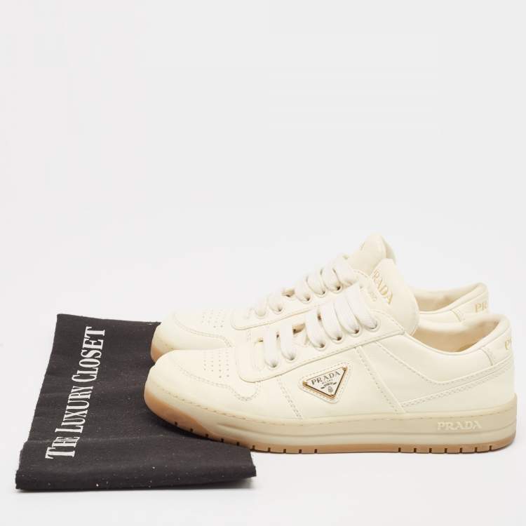 Pre Owned Prada Cream Leather Lace Up Sneakers Size 36.5