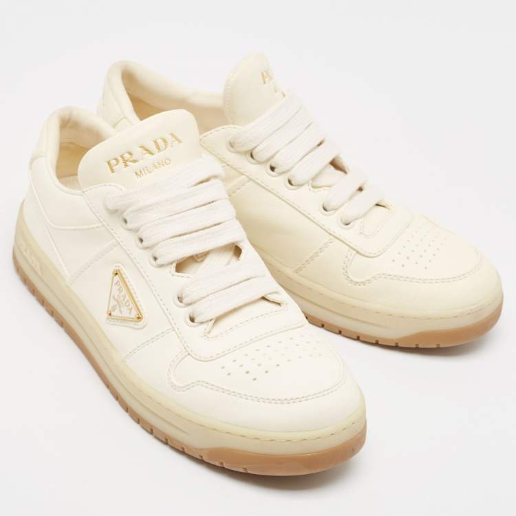 Pre Owned Prada Cream Leather Lace Up Sneakers Size 36.5