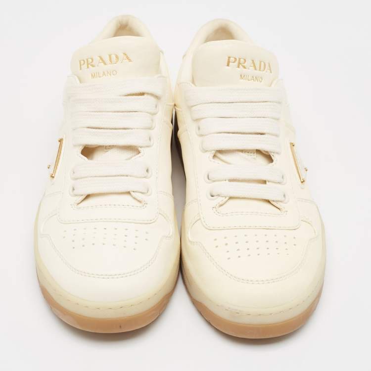 Pre Owned Prada Cream Leather Lace Up Sneakers Size 36.5