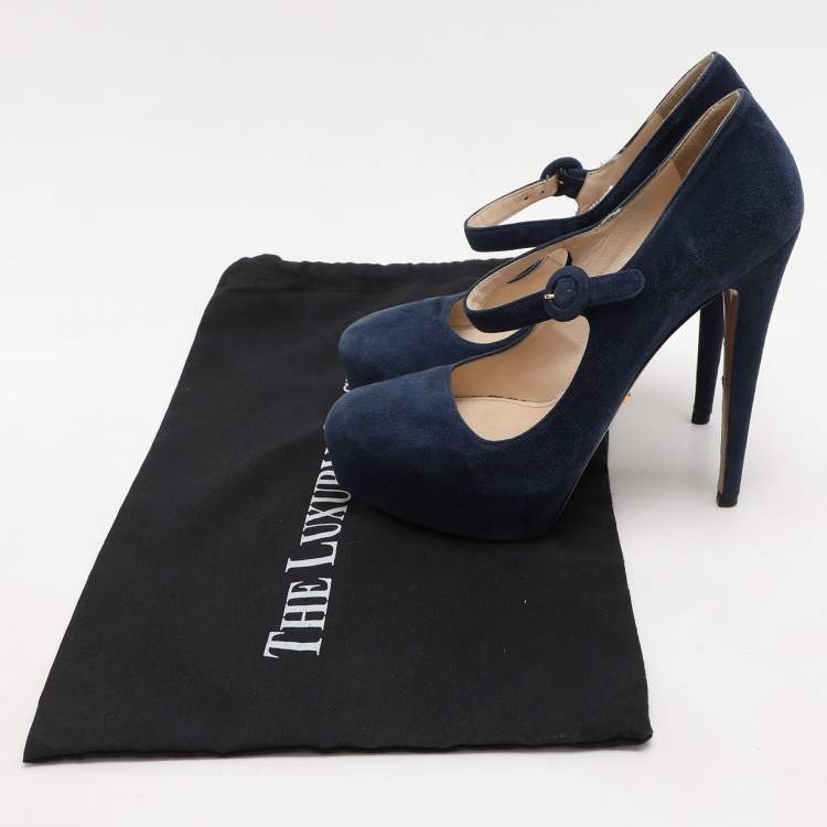 Pre Owned Prada Blue Suede Mary Jane Pumps Size 37