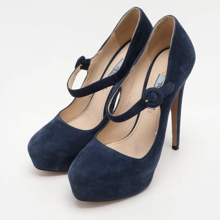 Pre Owned Prada Blue Suede Mary Jane Pumps Size 37