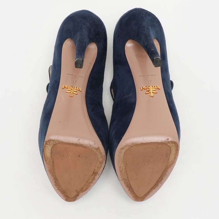 Pre Owned Prada Blue Suede Mary Jane Pumps Size 37