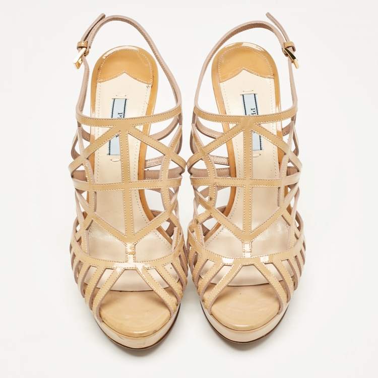 Pre Owned Prada Beige Patent Leather Caged Platform Sandals Size 38.5