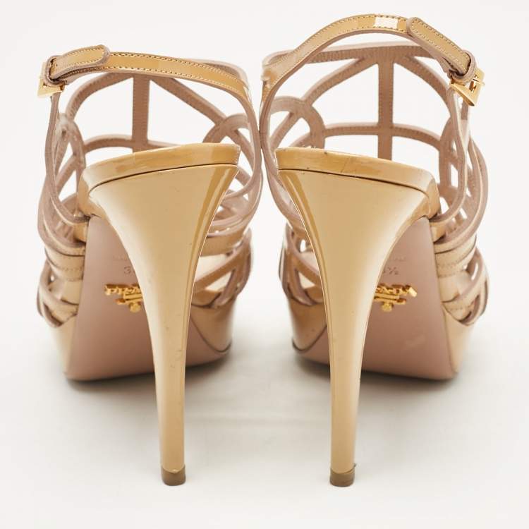 Pre Owned Prada Beige Patent Leather Caged Platform Sandals Size 38.5