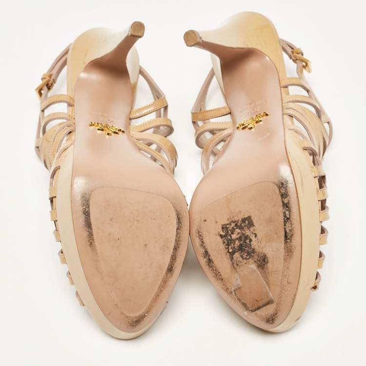 Pre Owned Prada Beige Patent Leather Caged Platform Sandals Size 38.5