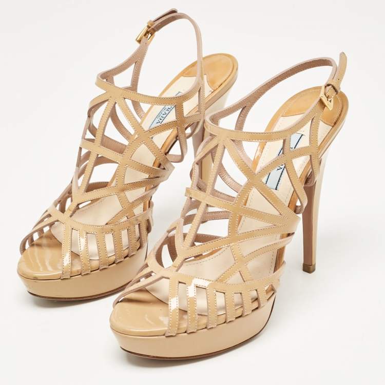 Pre Owned Prada Beige Patent Leather Caged Platform Sandals Size 38.5