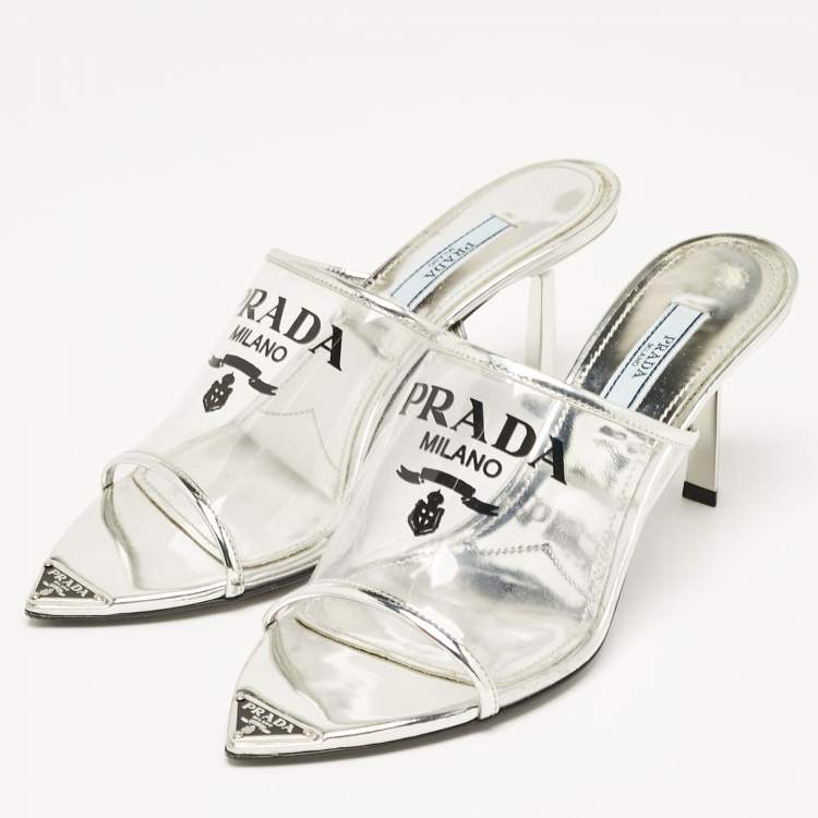 Pre Owned Prada Silver Leather and Logo Print PVC Plexiglas Slide Sandals Size 37.5