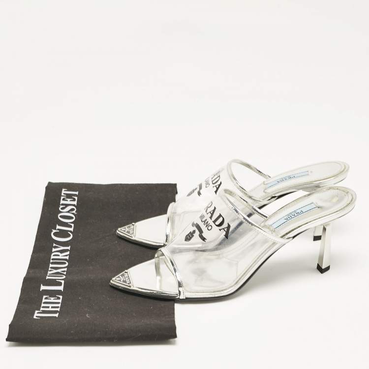 Pre Owned Prada Silver Leather and Logo Print PVC Plexiglas Slide Sandals Size 37.5