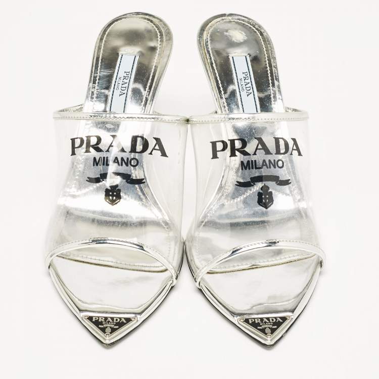 Pre Owned Prada Silver Leather and Logo Print PVC Plexiglas Slide Sandals Size 37.5