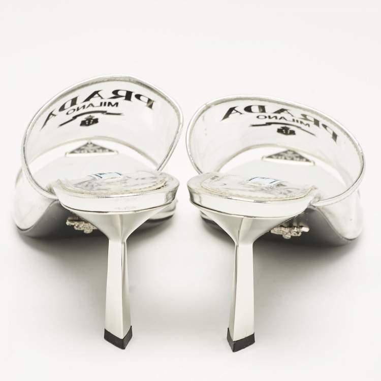Pre Owned Prada Silver Leather and Logo Print PVC Plexiglas Slide Sandals Size 37.5