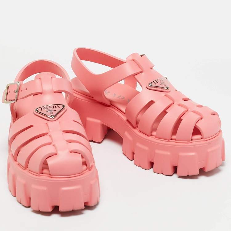 Pre Owned Prada Pink Rubber Monolith Sandals Size 37