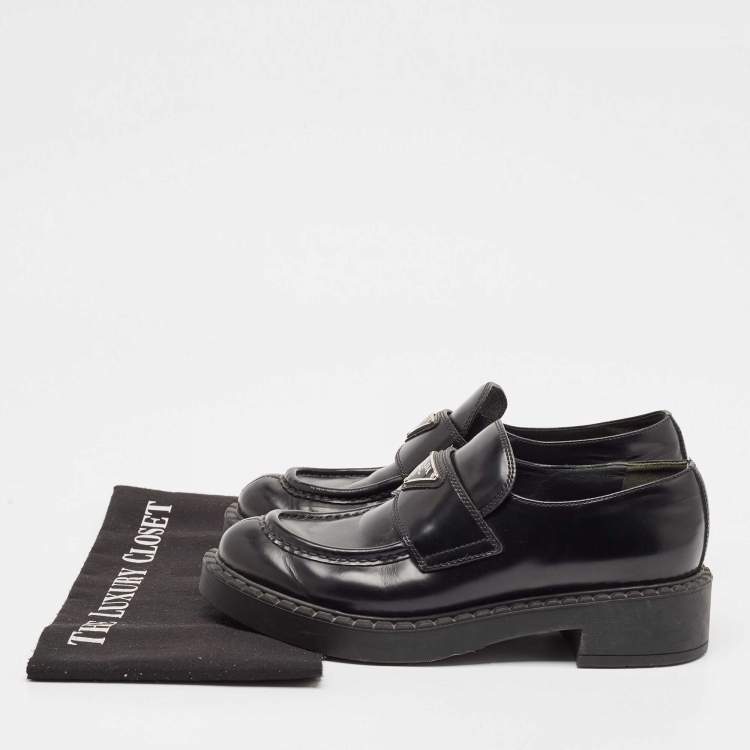 Pre Owned Prada Black Patent Leather Platform Loafers Size 38