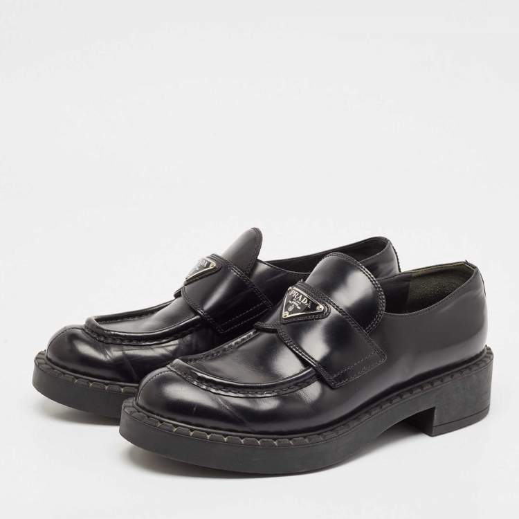 Pre Owned Prada Black Patent Leather Platform Loafers Size 38