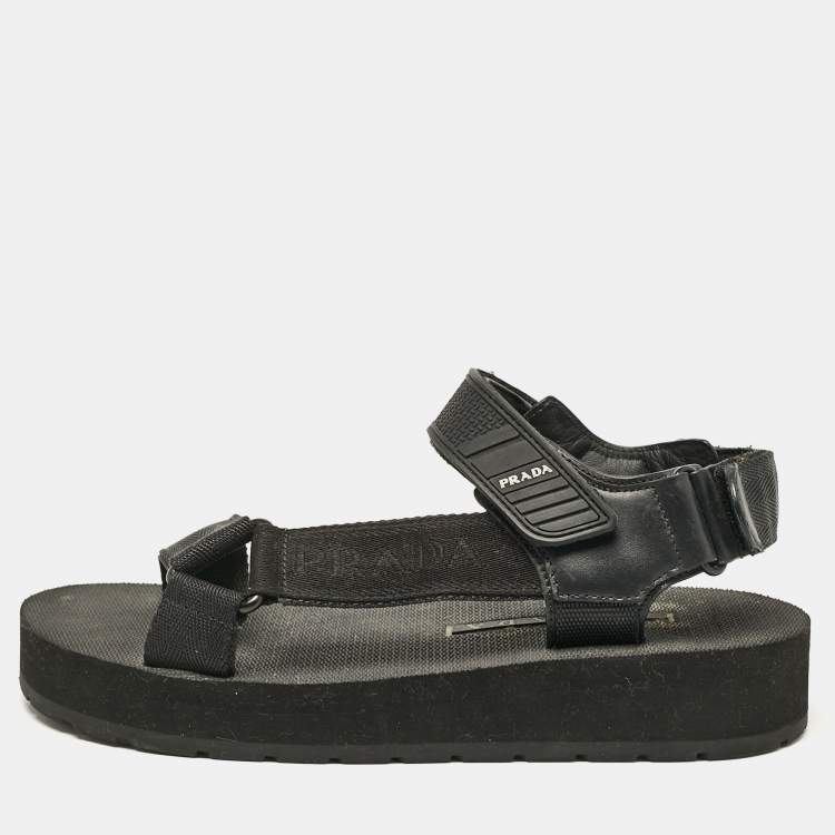 Pre Owned Prada Black Leather and Canvas Tape Strap Flat Sandals Size 38