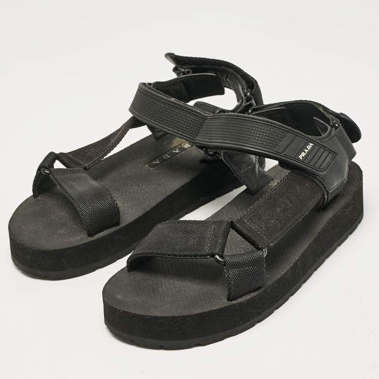 Pre Owned Prada Black Leather and Canvas Tape Strap Flat Sandals Size 38