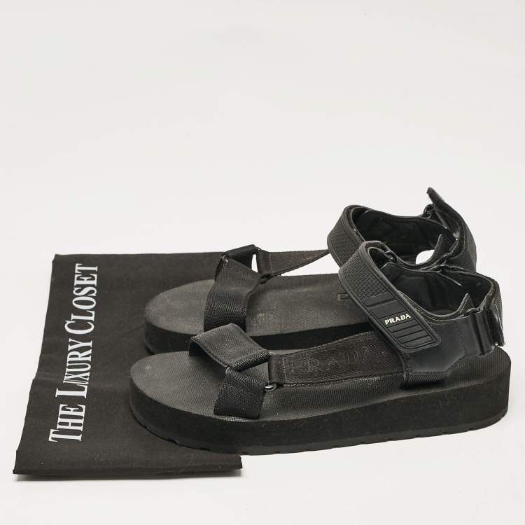 Pre Owned Prada Black Leather and Canvas Tape Strap Flat Sandals Size 38