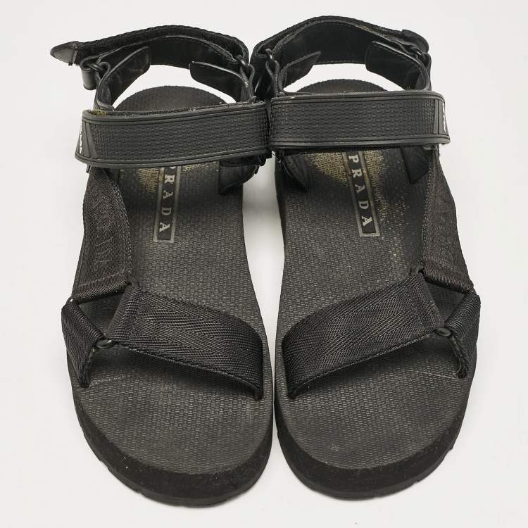 Pre Owned Prada Black Leather and Canvas Tape Strap Flat Sandals Size 38