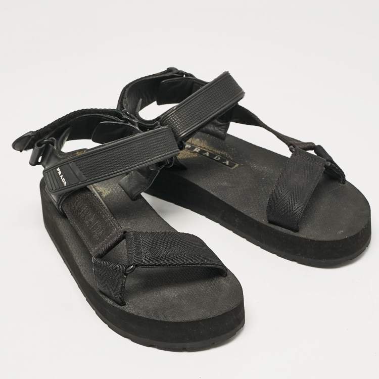Pre Owned Prada Black Leather and Canvas Tape Strap Flat Sandals Size 38