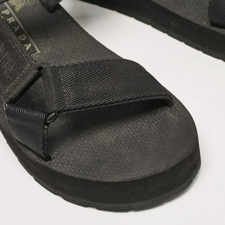 Pre Owned Prada Black Leather and Canvas Tape Strap Flat Sandals Size 38